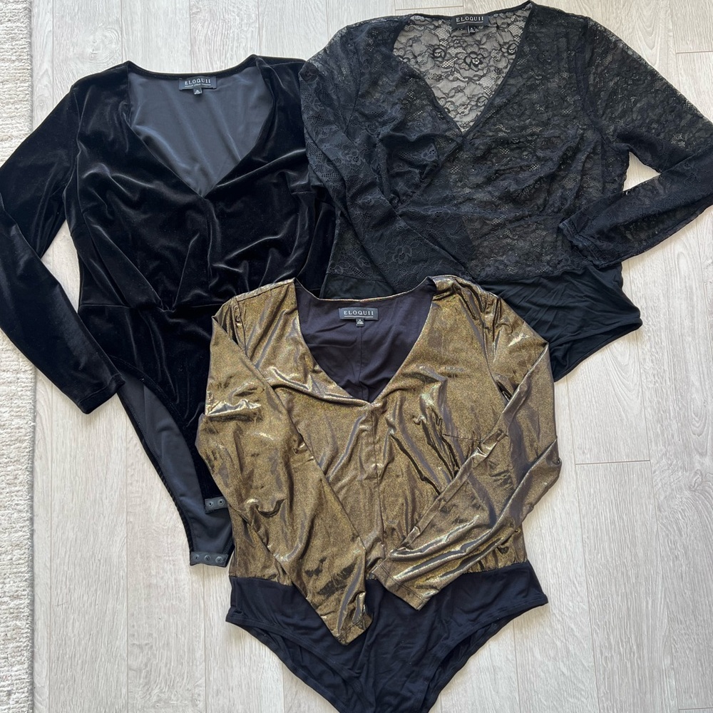Eloquii Velvet and Lace Bodysuit Trio in Black and Gold